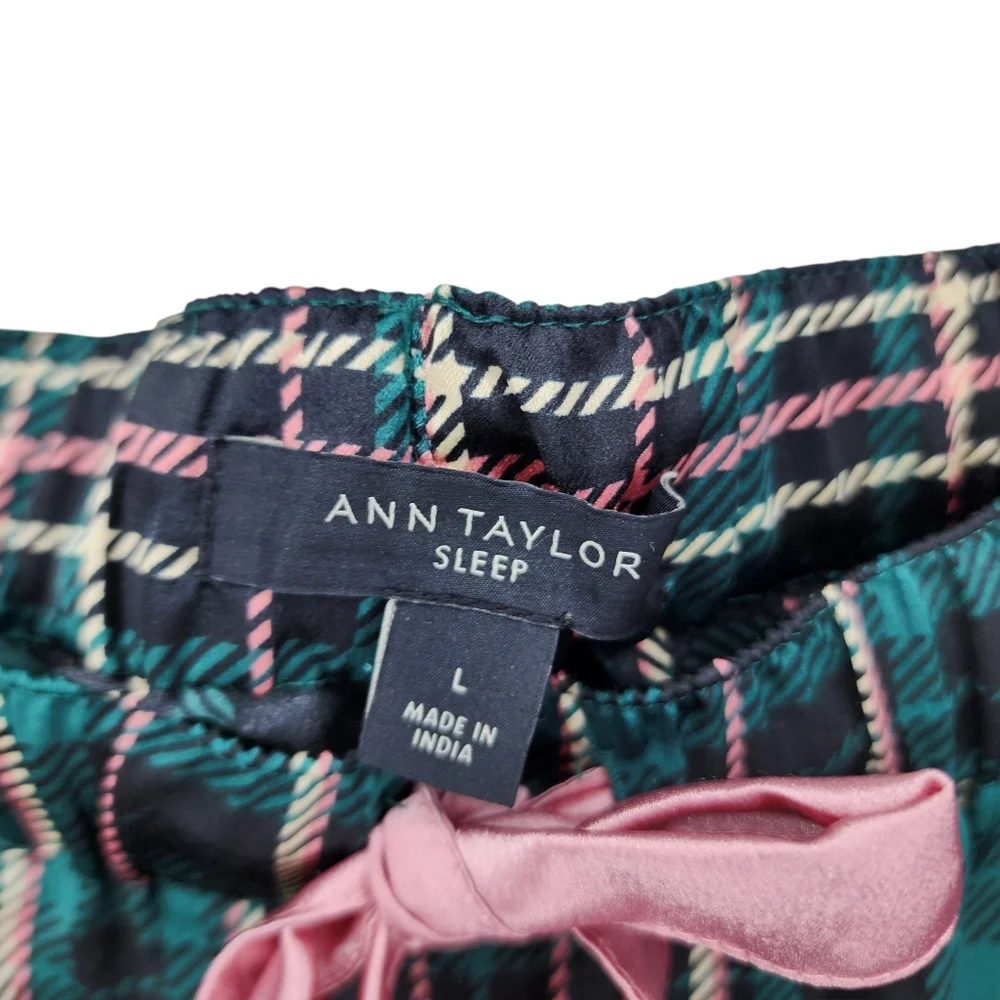 Ann Taylor‎ Sleep ~ Green & Pink Plaid Satin Pajama Set Size Large